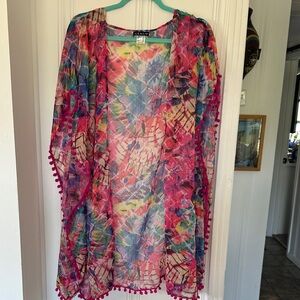 VENUS Multicolor Tropical Floral Sheer Pom-Pom Kimono Cover-Up